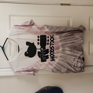 Torrid size 2 white, purple, and grey tie-dye w/ Woodstock print